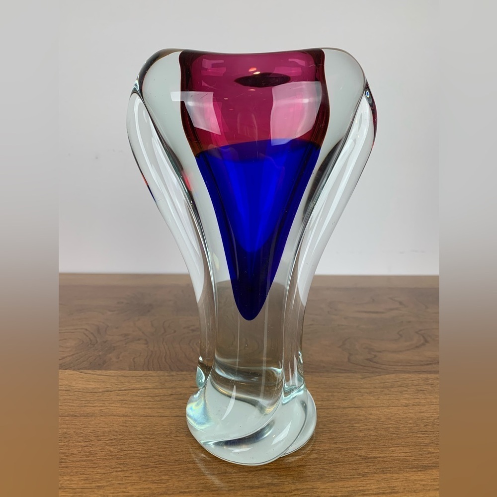 Sommerso Handblown Vase Blue Red Clear Vtg Heavy High Quality Organic Shape Read